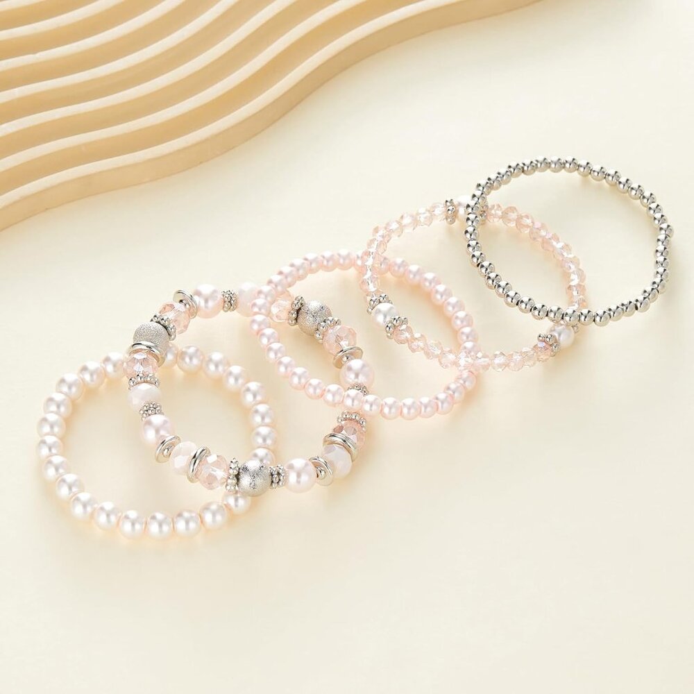 Pink Beaded Pearl Silver Stackable Bracelets For … - image 2